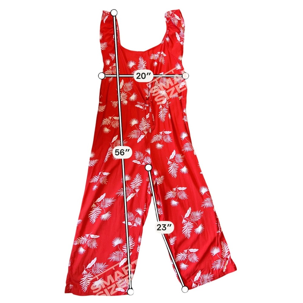 St Johns Bay Womens XL Red Tropical Palm Leaf Ruffle Tie Front Jumpsuit Rayon - Picture 3 of 16